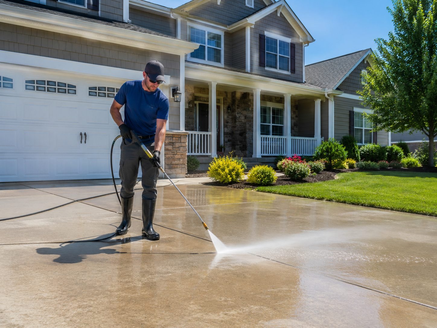 A driveway being pressure washed in front of a home