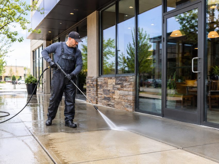 A commercial storefront sidewalk being washed