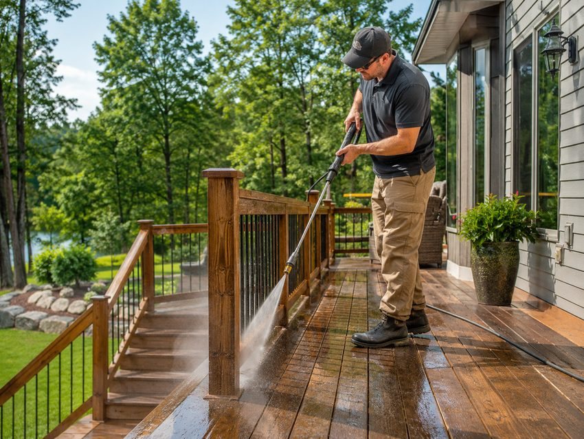 A wooden deck and railing being washed