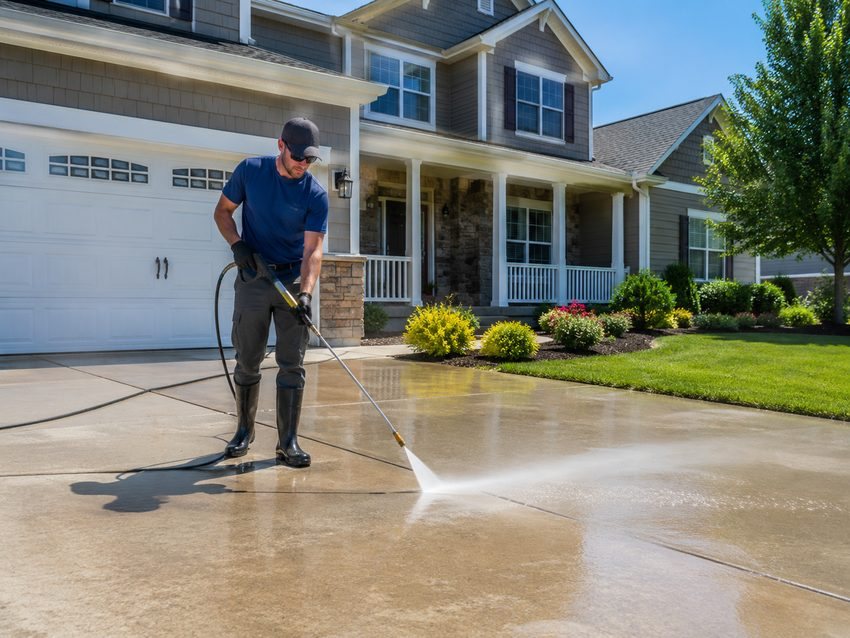 A driveway being pressure washed clean in front of a two story home