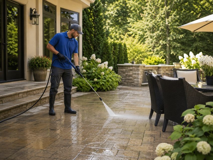 A paver patio being washed beside outdoor furniture