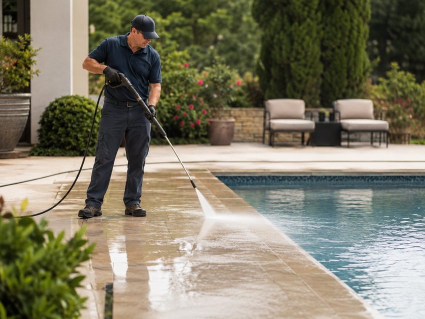 A pool deck being washed at the edge of a swimming pool