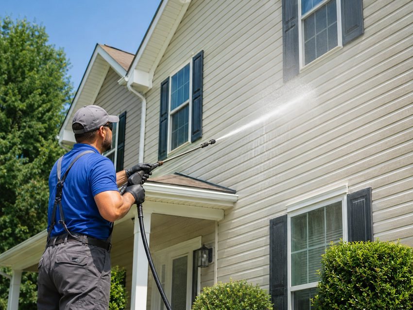 Soft washing the siding of a house from the ground